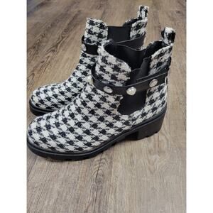 Sugar Black White Houndstooth Rhinestone Strap Block Heel Ankle Boots 10M
